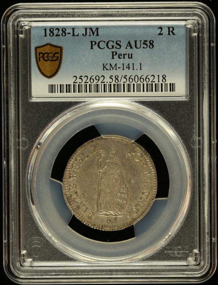 Peru 2 Reales 1828 L JM PCGS AU58 KM-141.1 0145942Peru 2 Reales 1828 L JM PCGS AU58 KM-141.1 0145942