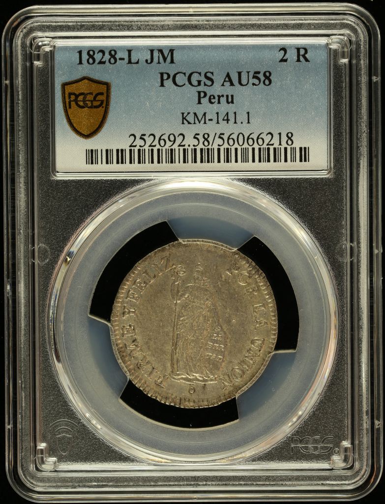 Peru 2 Reales 1828 L JM PCGS AU58 KM-141.1 0145942