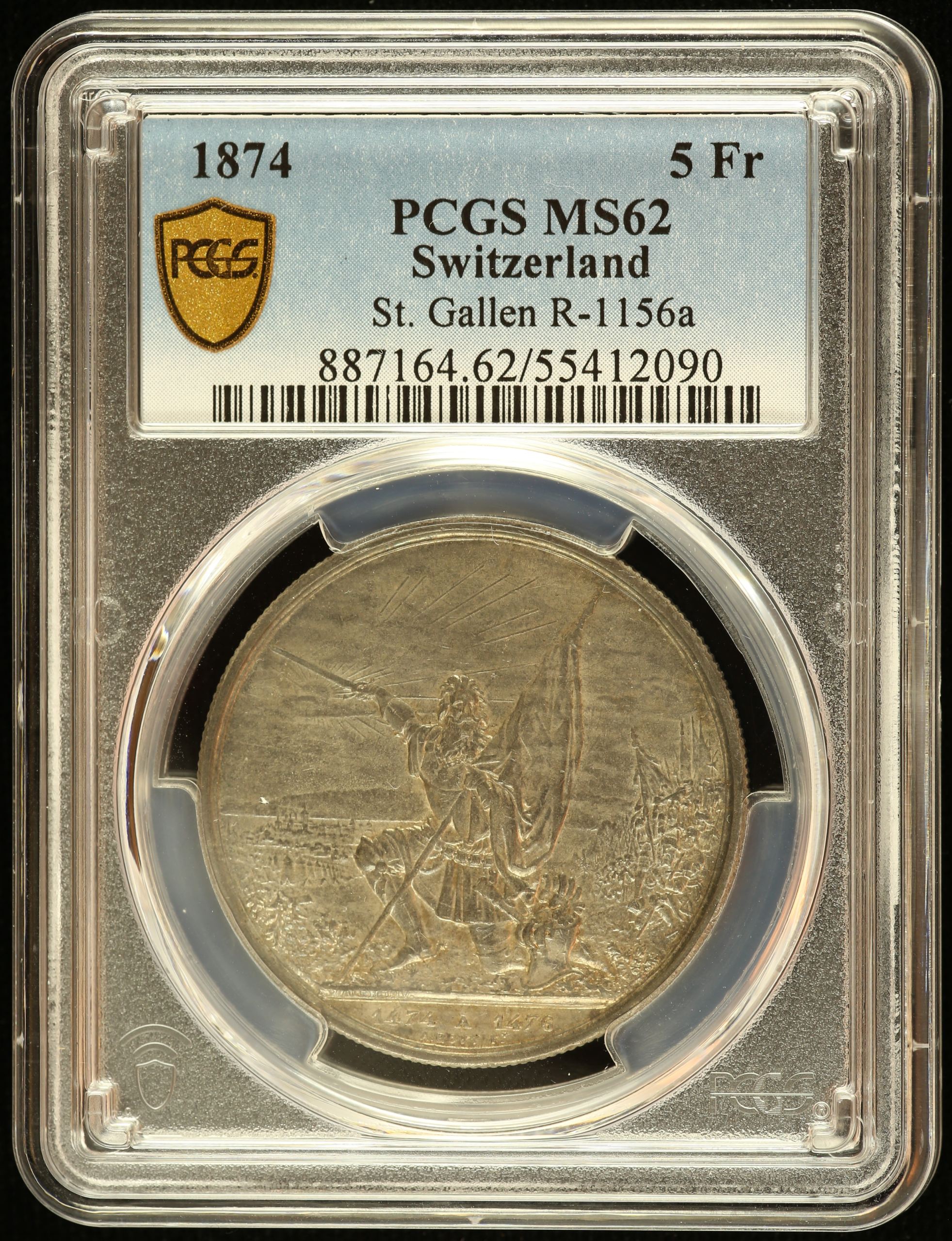 Switzerland 5 Franc 1874 St. Gallen R-1156a PCGS MS62 0145982