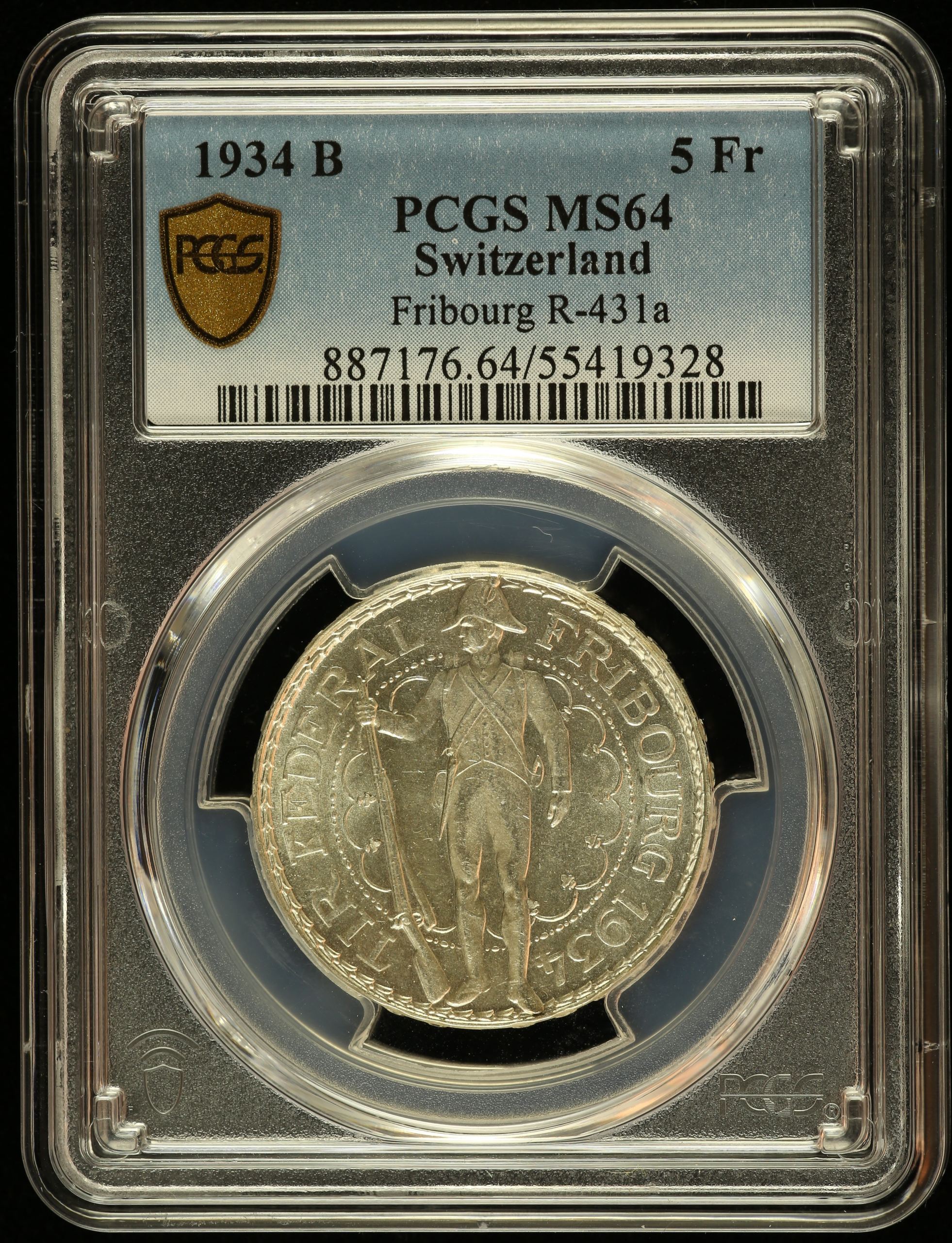 Switzerland 5 Franc 1934 B Fribourg R-431a PCGS MS64 0146090