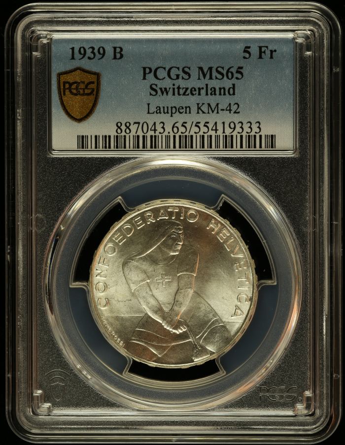 Switzerland 5 Franc 1939 B Laupen KM-42 PCGS MS65 0146092Switzerland 5 Franc 1939 B Laupen KM-42 PCGS MS65 0146092