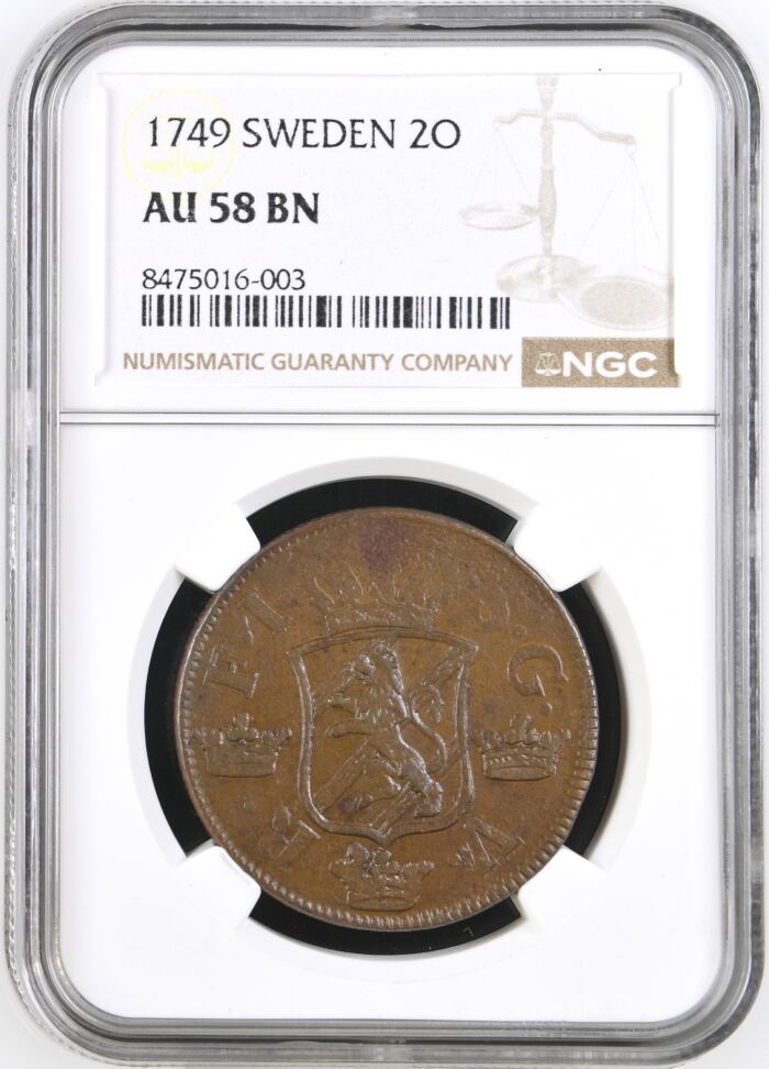 Sweden 2 Ore 1749 NGC AU58BN 0146322Sweden 2 Ore 1749 NGC AU58BN 0146322