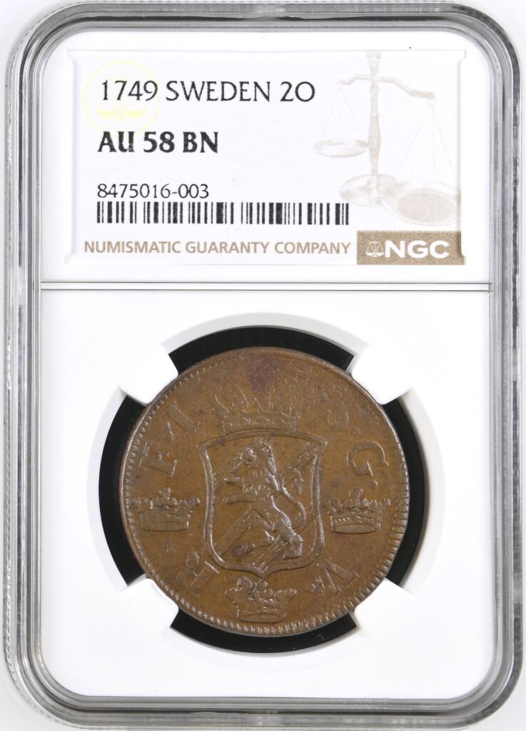 Sweden 2 Ore 1749 NGC AU58BN 0146322