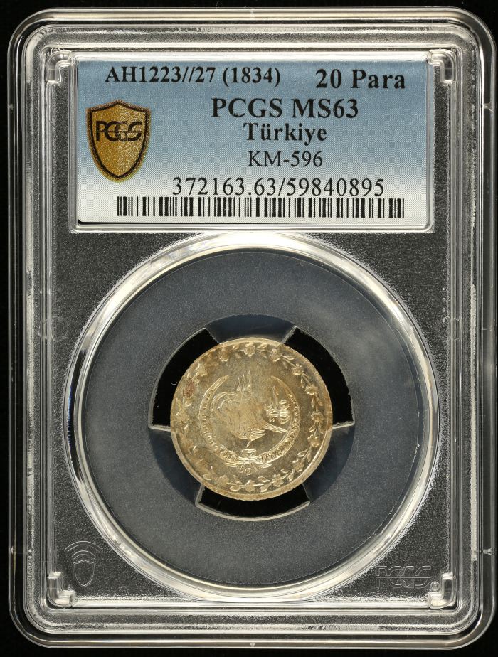 Turkey 20 Para AH1223//27 (1834) PCGS MS63 KM-596 0146327Turkey 20 Para AH1223//27 (1834) PCGS MS63 KM-596 0146327
