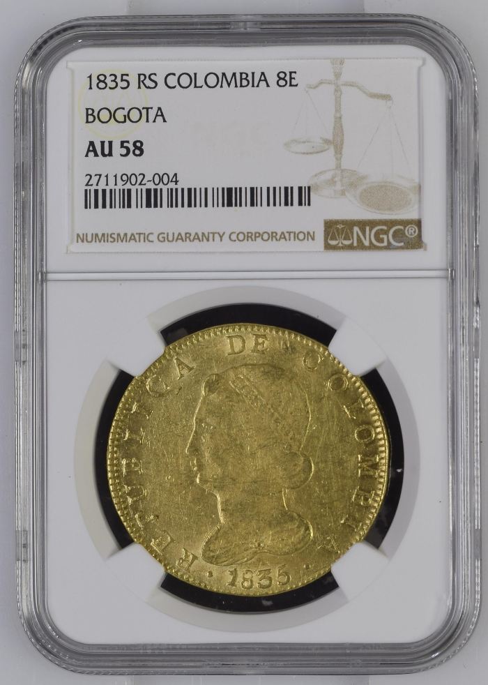 Colombia 8 Escudos 1835 Bogota RS NGC AU58 0146467Colombia 8 Escudos 1835 Bogota RS NGC AU58 0146467