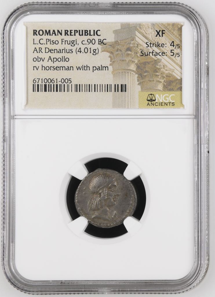 Roman Republic L. C. Piso Frugi c.90 BC AR Denarius NGC XF 0146481