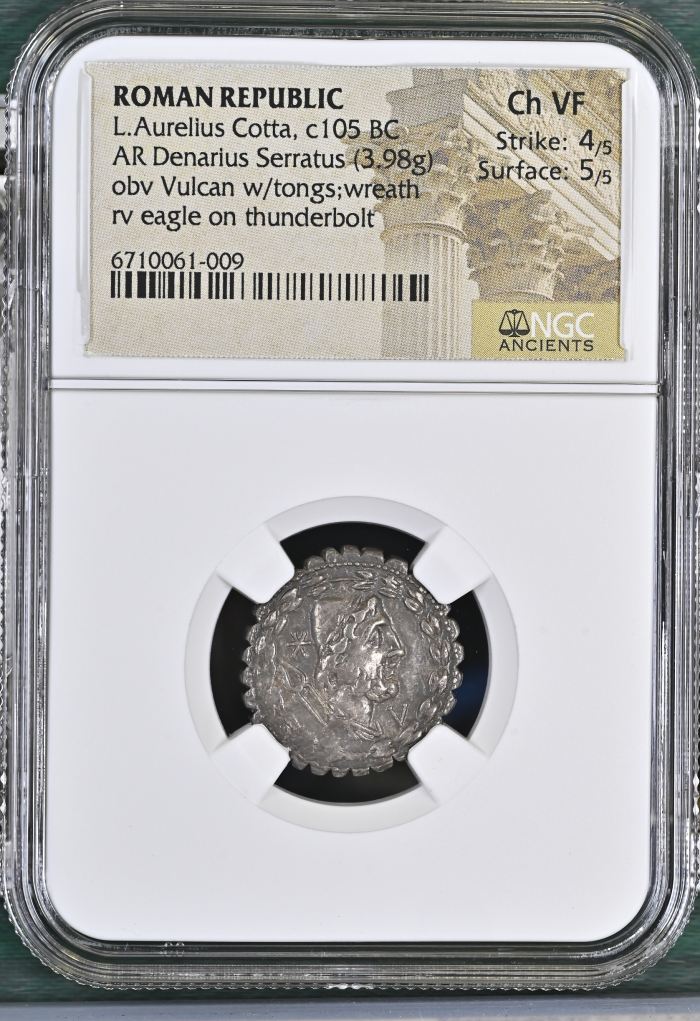Roman Republic L. Aurelius Cotta c.105 BC AR Denarius Serratus NGC Ch VF 0146482Roman Republic L. Aurelius Cotta c.105 BC AR Denarius Serratus NGC Ch VF 0146482