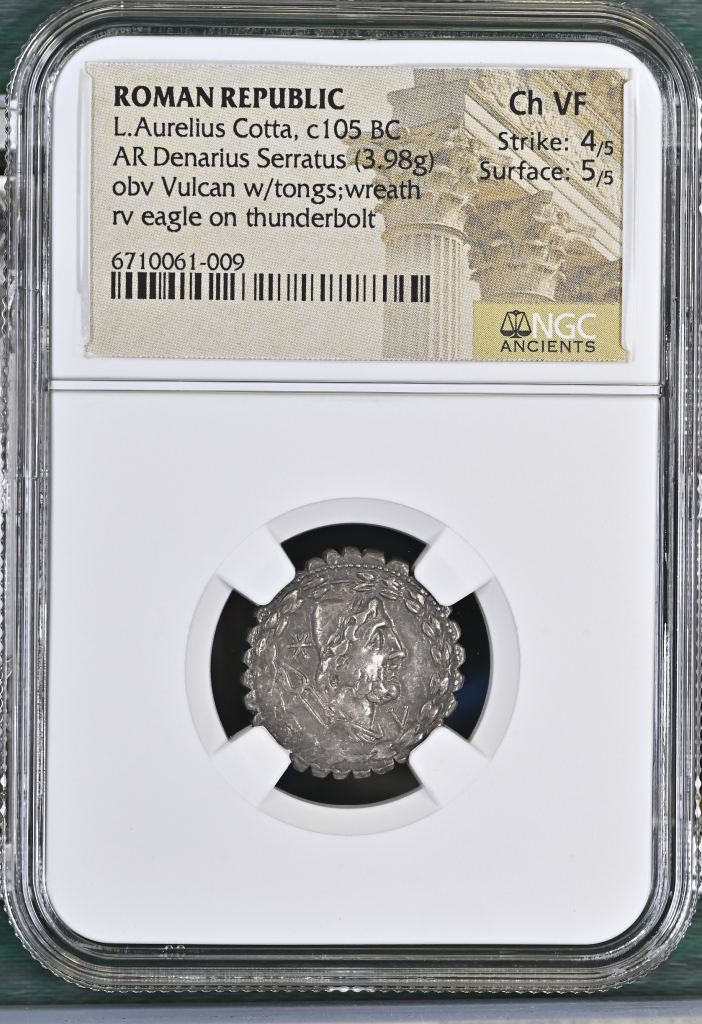 Roman Republic L. Aurelius Cotta c.105 BC AR Denarius Serratus NGC Ch VF 0146482