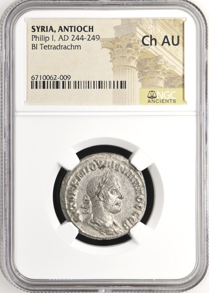 Syria, Seleucis & Pieria Syria Antioch Philip I 244-249 AD BI Tetradrachm NGC ChAU  0146536Syria, Seleucis & Pieria Syria Antioch Philip I 244-249 AD BI Tetradrachm NGC ChAU  0146536