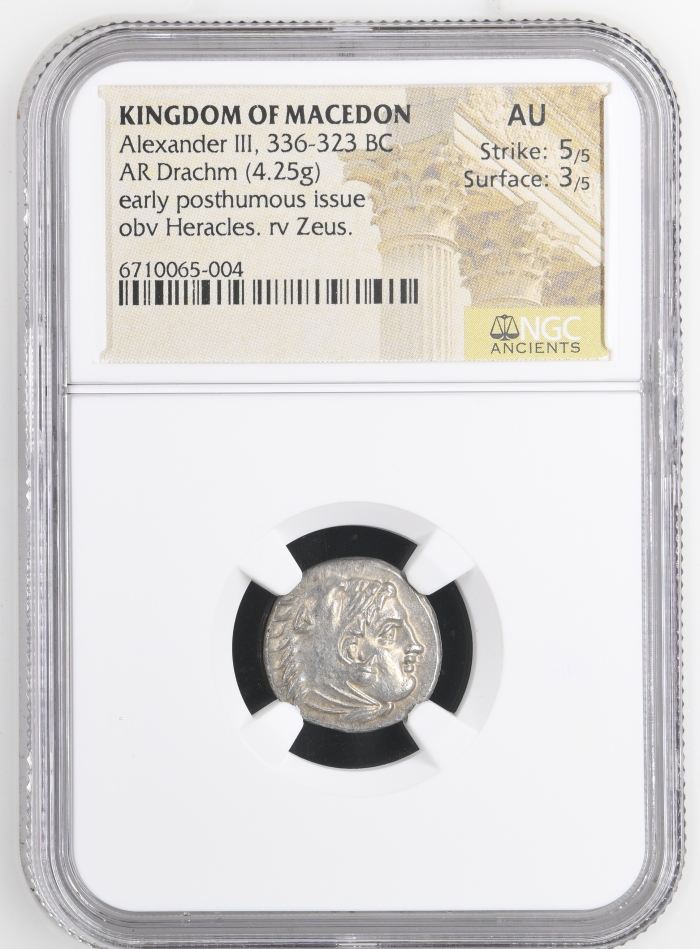 Macedonian Kings Alexander III(The Great) 336-323 BC AR Drachm NGC AU 0146537Macedonian Kings Alexander III(The Great) 336-323 BC AR Drachm NGC AU 0146537