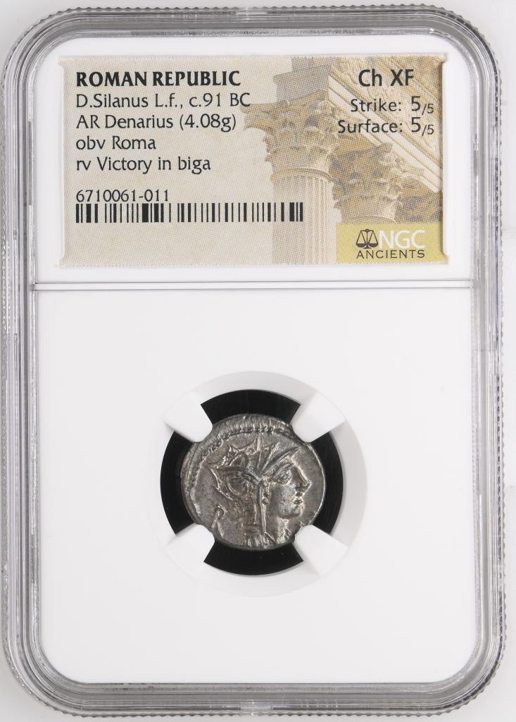Roman Republic D. Silanus L. f. c.91 BC AR Denarius NGC Ch XF 0146539