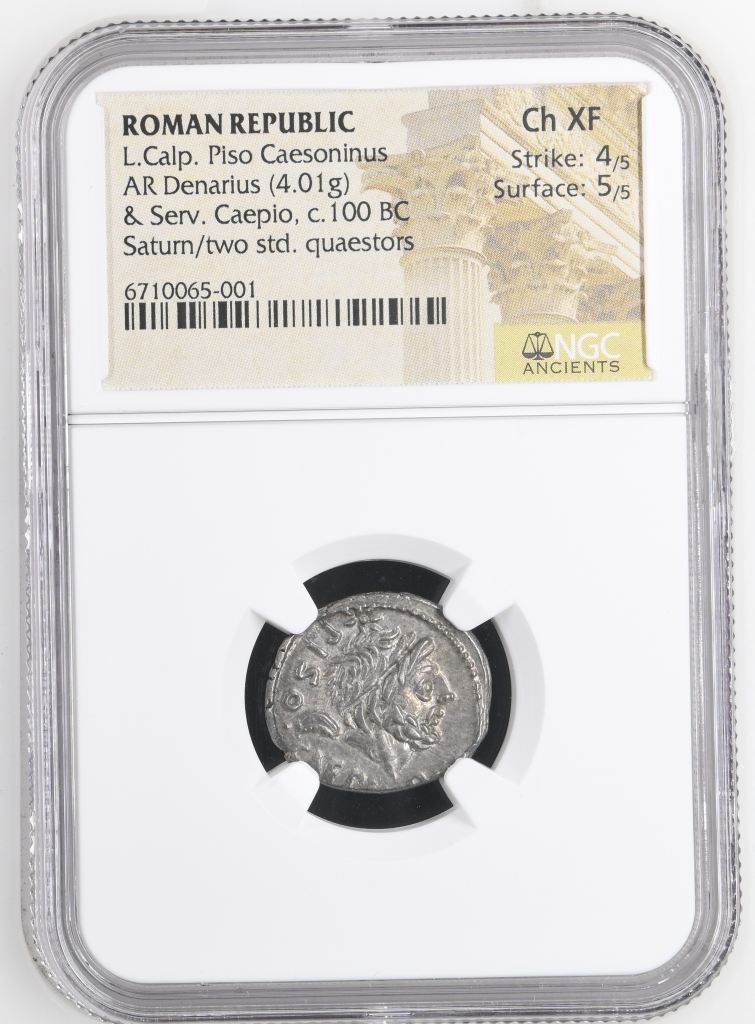 Roman Republic L. Calp. Piso Caesoninus & Serv. Caepio c.100 BC AR Denarius NGC Ch XF 0146557