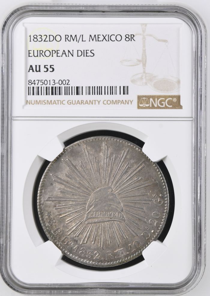 Durango 8 Reales 1832 Do RM/RL NGC AU55 0146560Durango 8 Reales 1832 Do RM/RL NGC AU55 0146560