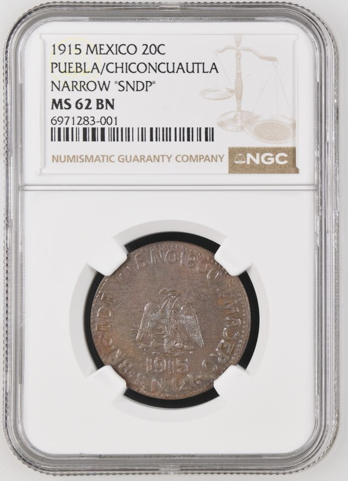 Puebla 20 Centavo 1915 Pueble/Chiconcuautla NGC MS62BN 0146585Puebla 20 Centavo 1915 Pueble/Chiconcuautla NGC MS62BN 0146585