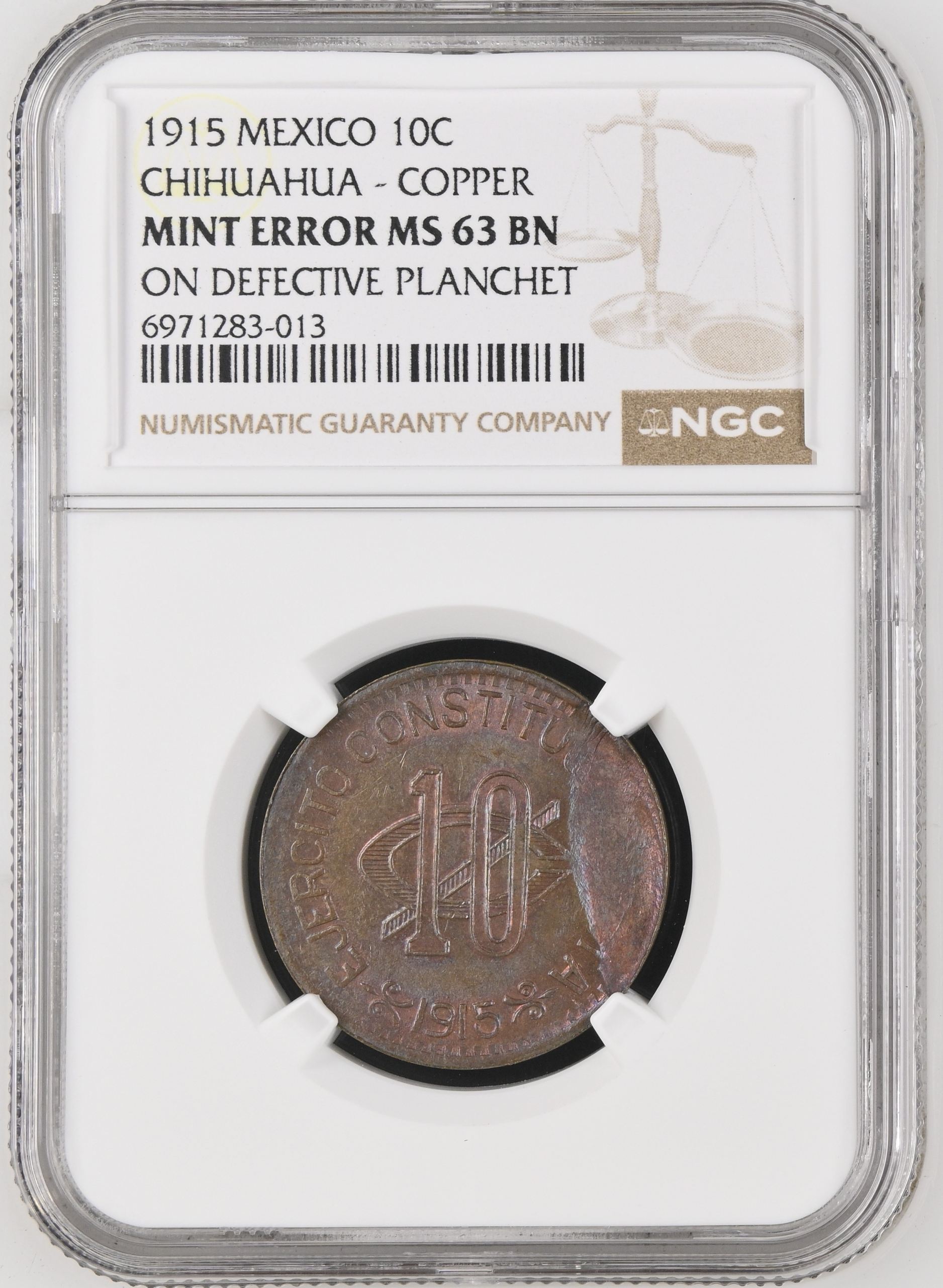 Mint Errors Chihuahua 10 Centavo 1915 Chihuahua NGC Mint Error MS63BN 0146586