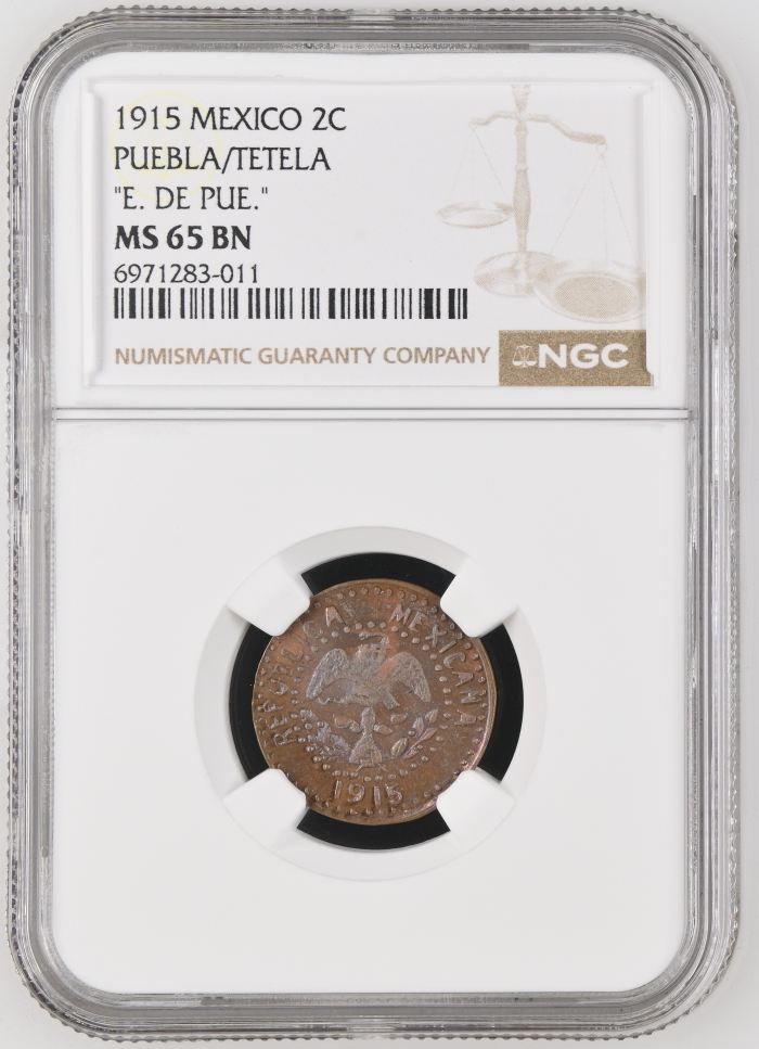 Puebla 2 Centavo 1915 Puebla/Tetela NGC MS65BN 0146587Puebla 2 Centavo 1915 Puebla/Tetela NGC MS65BN 0146587