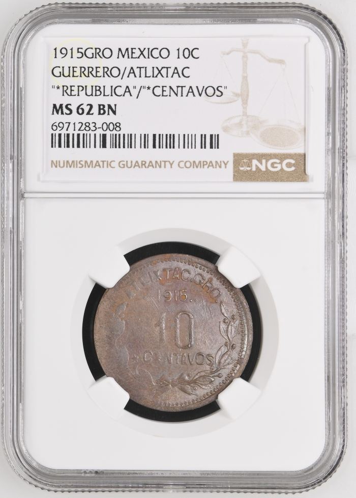 Guerrero 10 Centavo 1915 GRO NGC MS62BN 0146591Guerrero 10 Centavo 1915 GRO NGC MS62BN 0146591