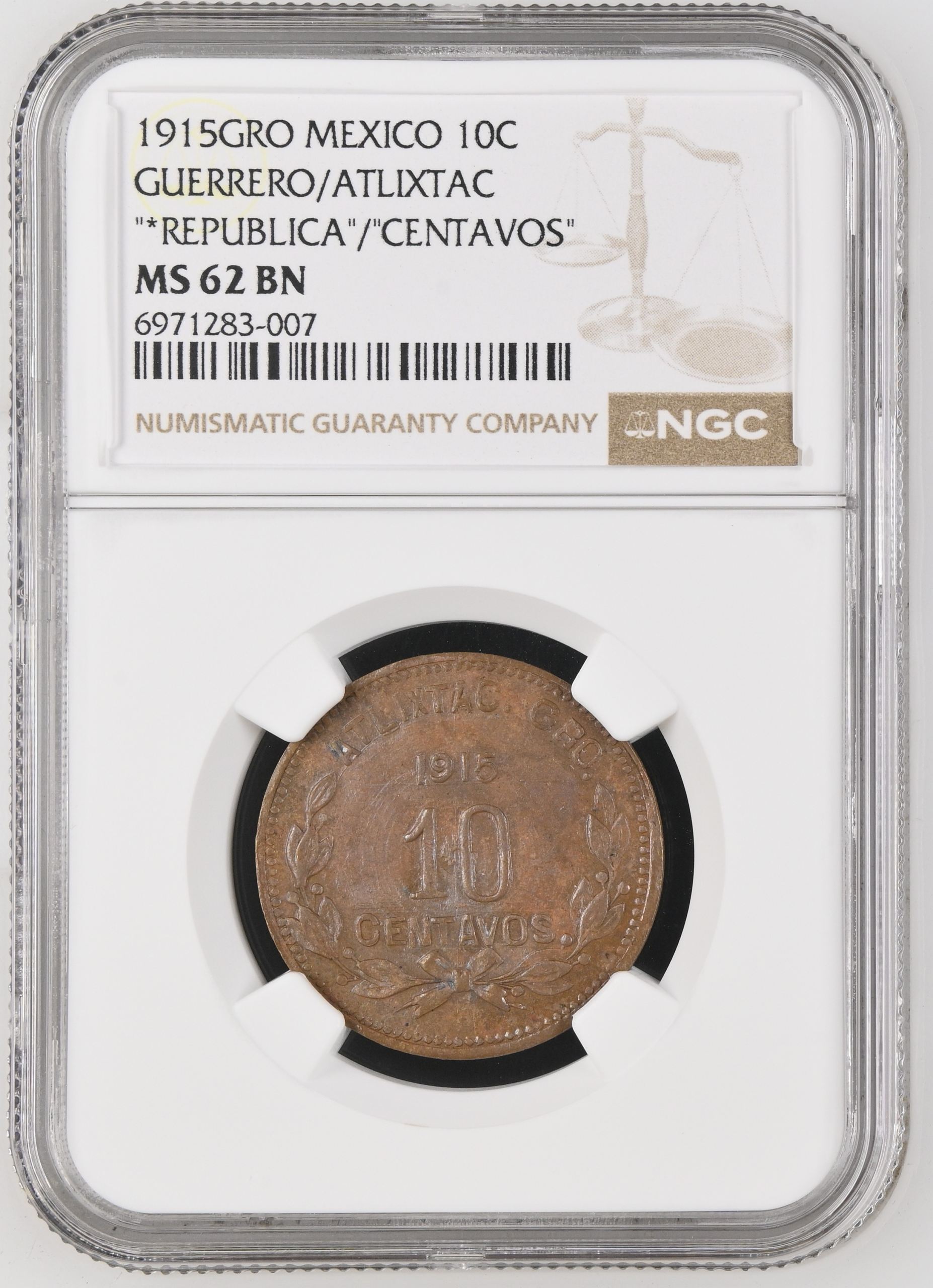 Guerrero 10 Centavo 1915 GRO NGC MS62BN 0146592