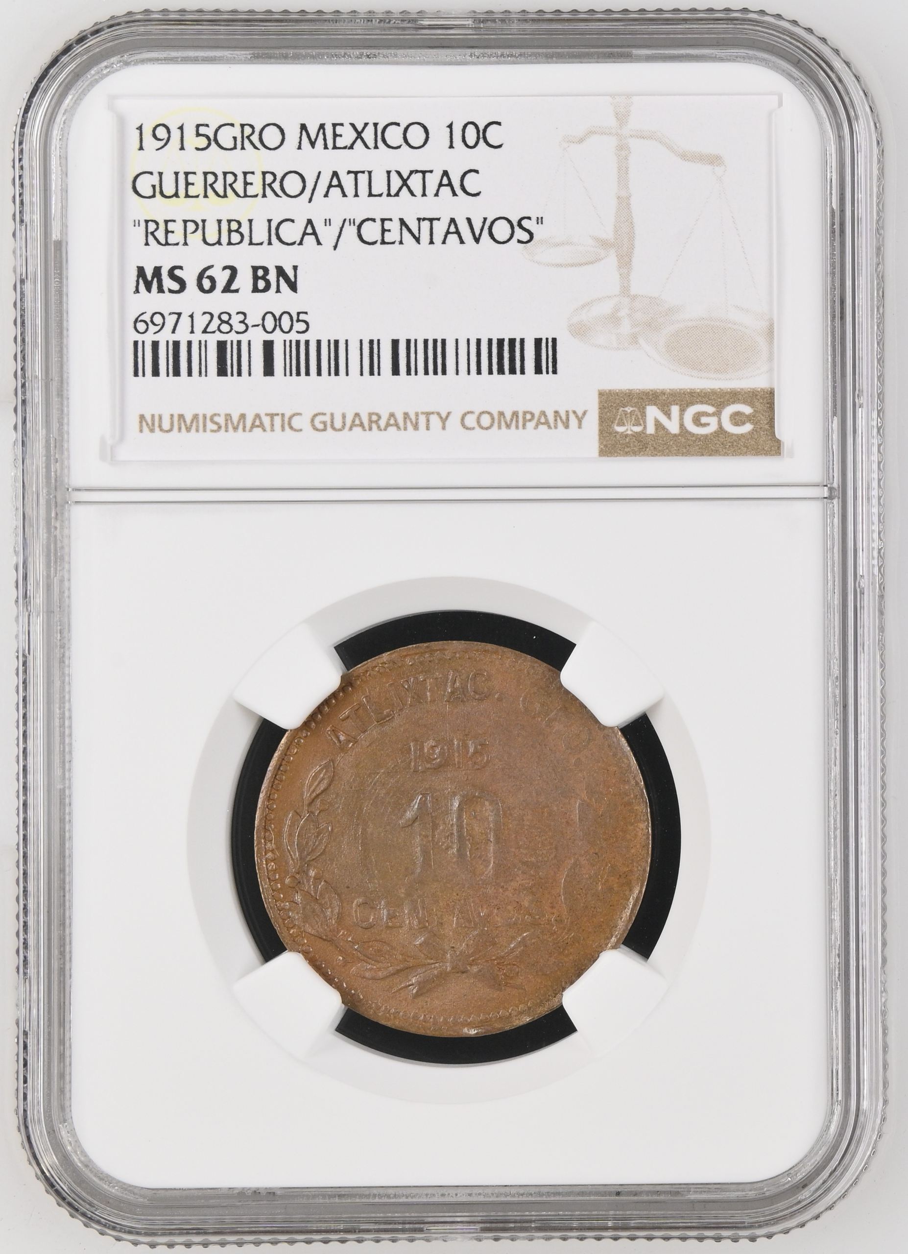 Guerrero 10 Centavo 1915 GRO NGC MS62BN 0146593