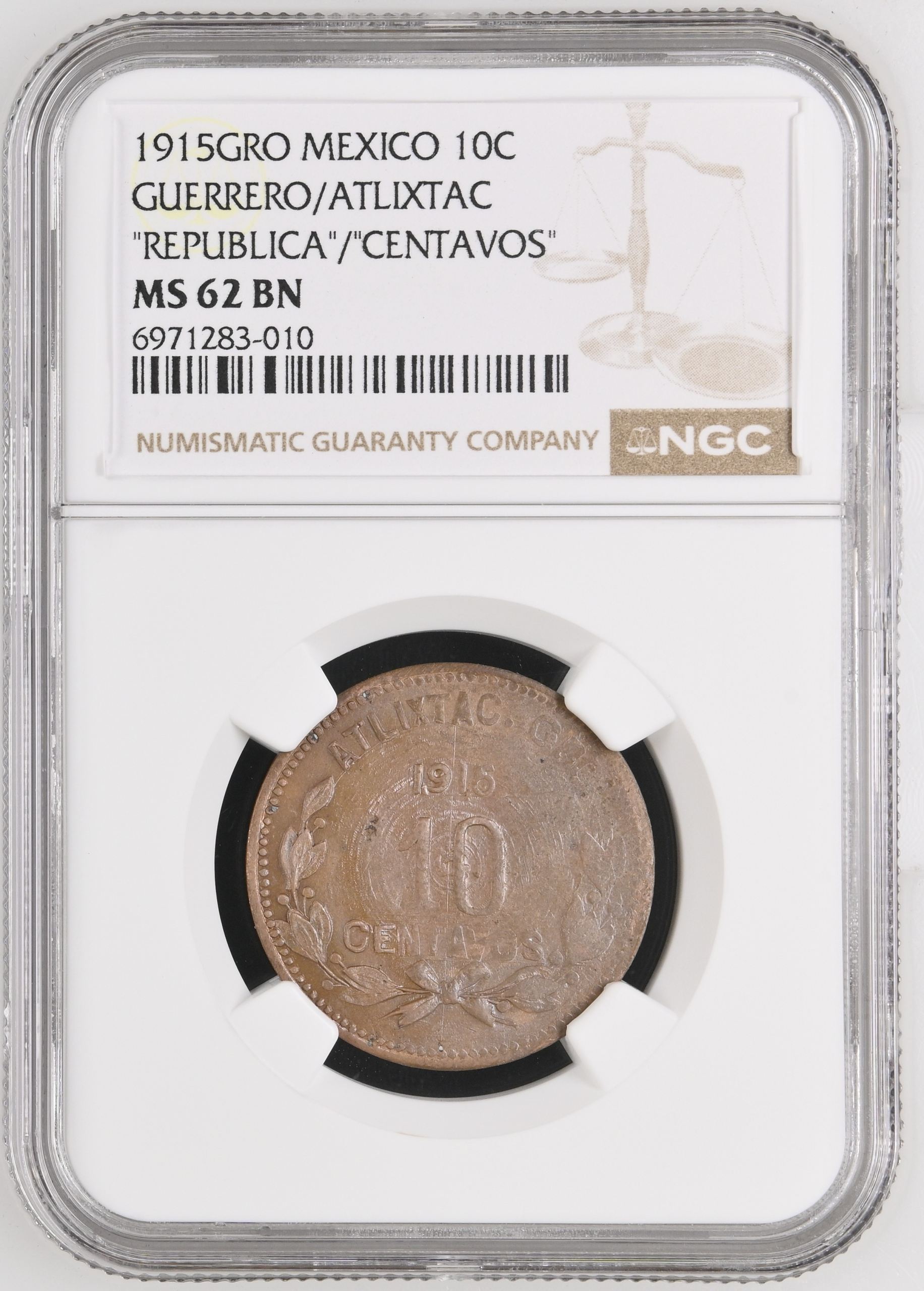 Guerrero 10 Centavo 1915 GRO NGC MS62BN 0146594