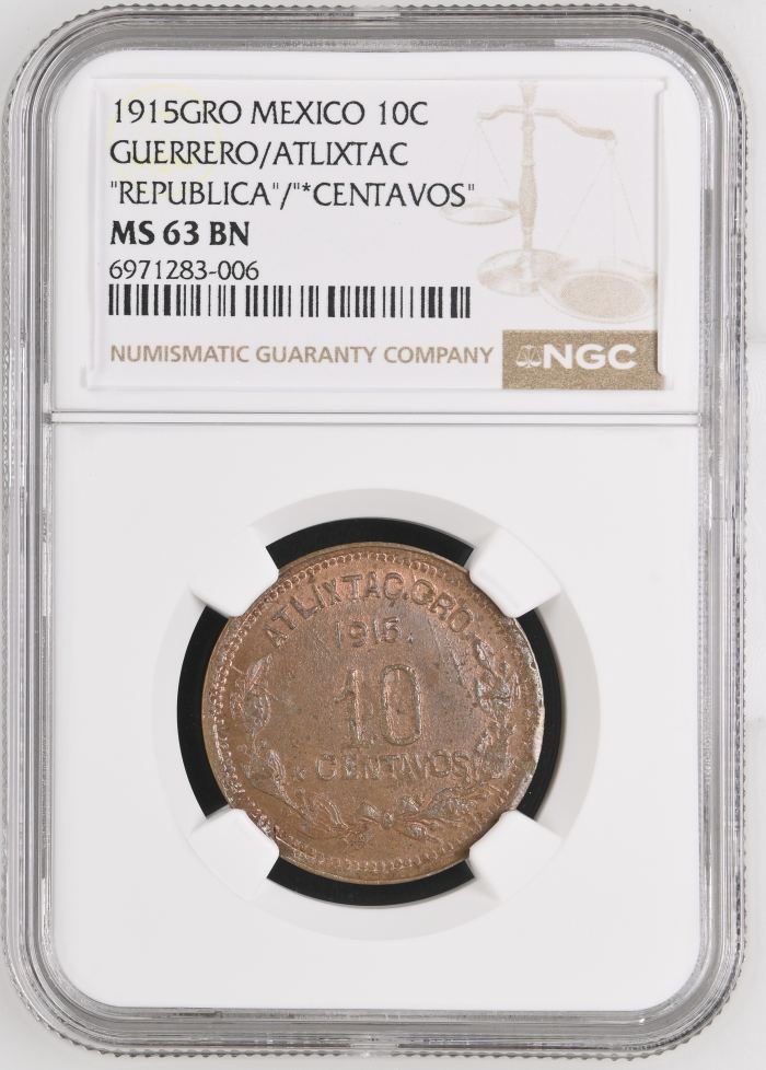 Guerrero 10 Centavo 1915 GRO NGC MS63BN 0146595Guerrero 10 Centavo 1915 GRO NGC MS63BN 0146595