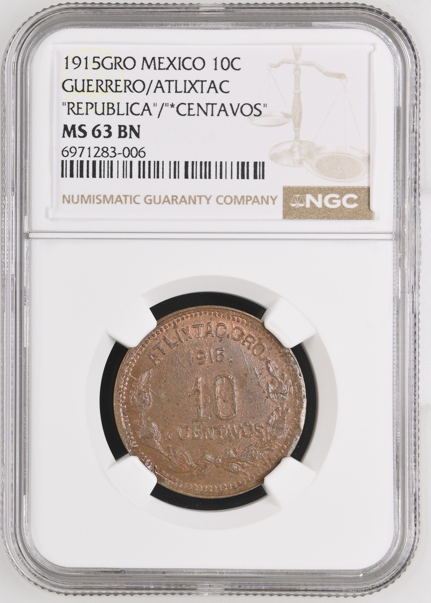 Guerrero 10 Centavo 1915 GRO NGC MS63BN 0146595