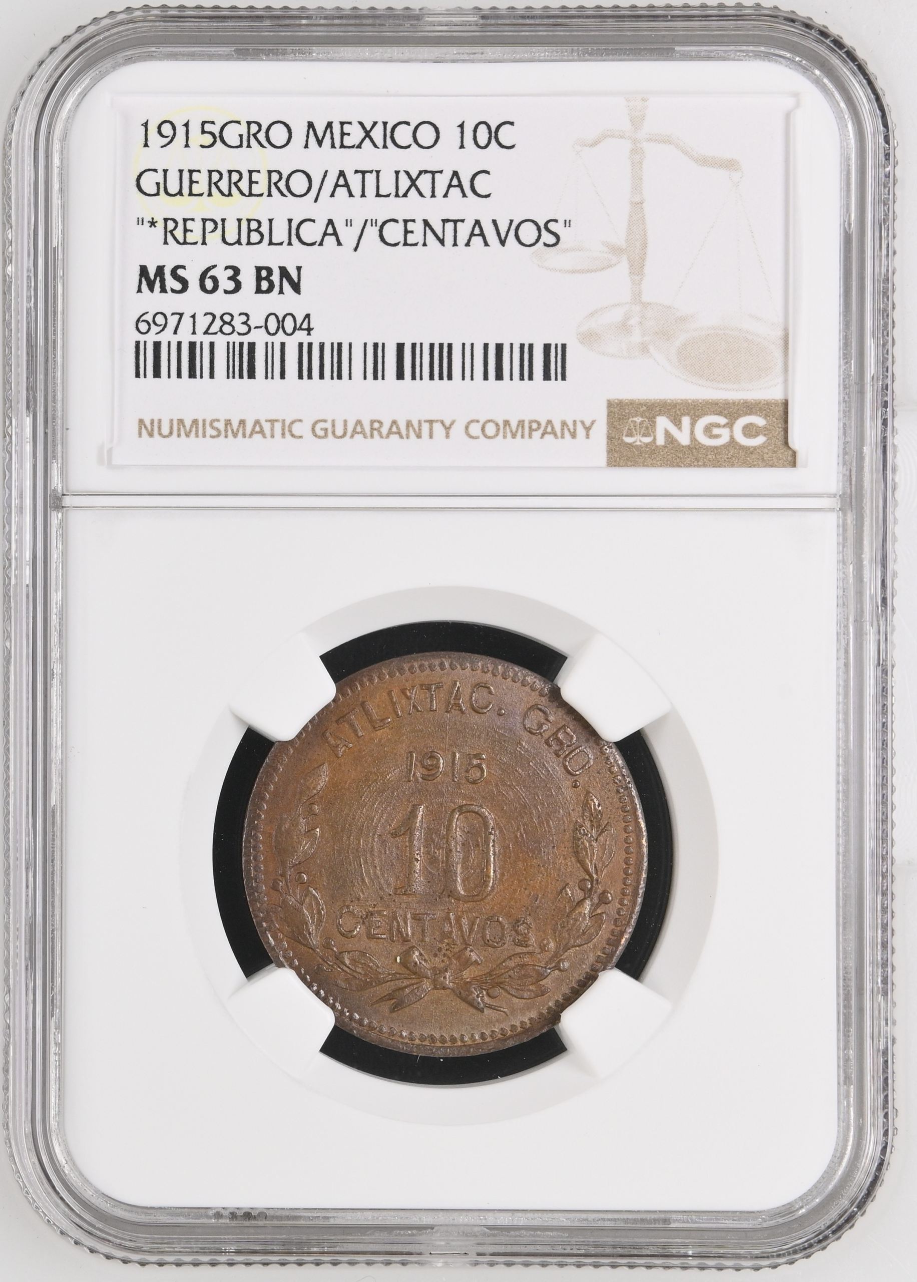 Guerrero 10 Centavo 1915 GRO NGC MS63BN 0146596