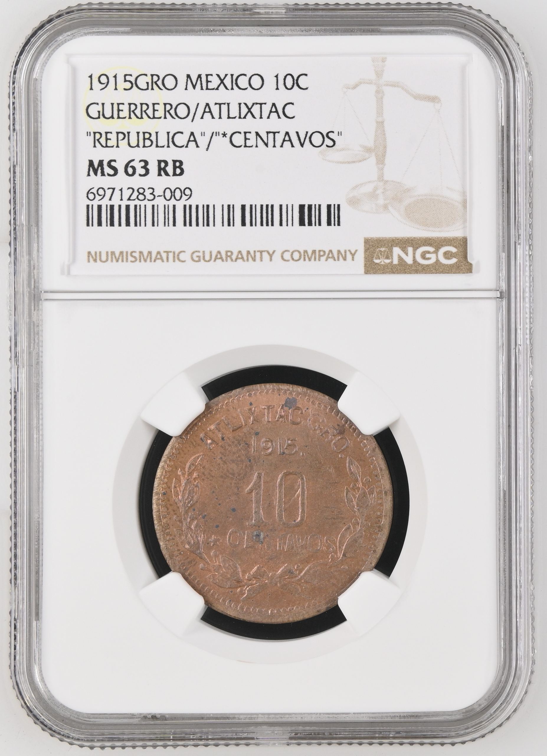 Guerrero 10 Centavo 1915 GRO NGC MS63RB 0146597