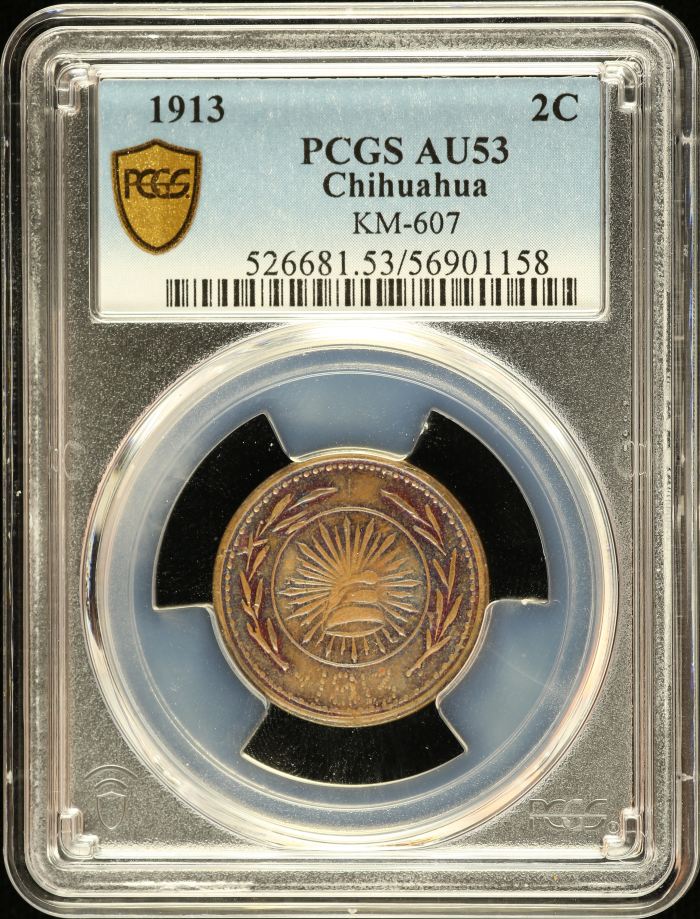 Chihuahua 2 Centavo 1913 Chihuahua PCGS AU53 KM-607 0146387Chihuahua 2 Centavo 1913 Chihuahua PCGS AU53 KM-607 0146387