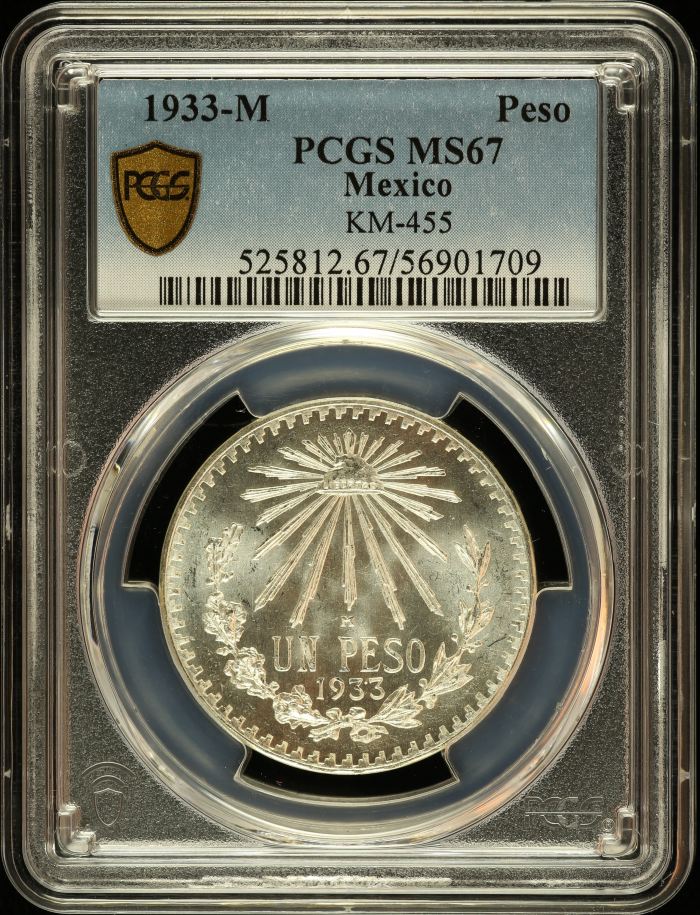Modern Silver & Minors Peso 1933 M KM-455 PCGS MS67 0146606Modern Silver & Minors Peso 1933 M KM-455 PCGS MS67 0146606