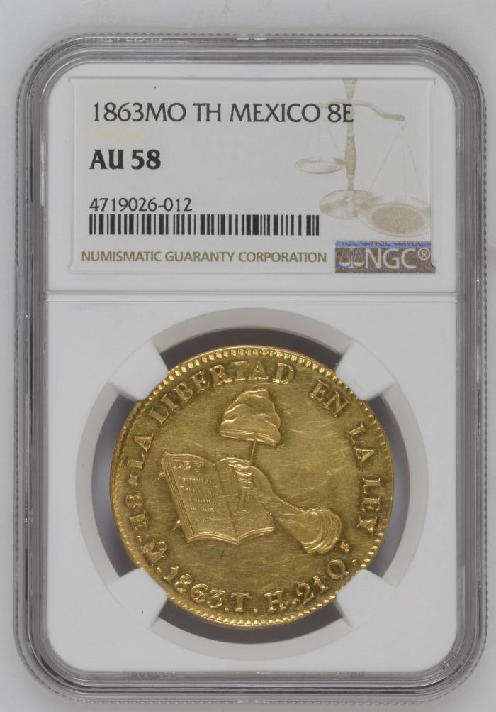 Republic Gold 8 Escudos 1863 Mo TH NGC AU58 0146670Republic Gold 8 Escudos 1863 Mo TH NGC AU58 0146670