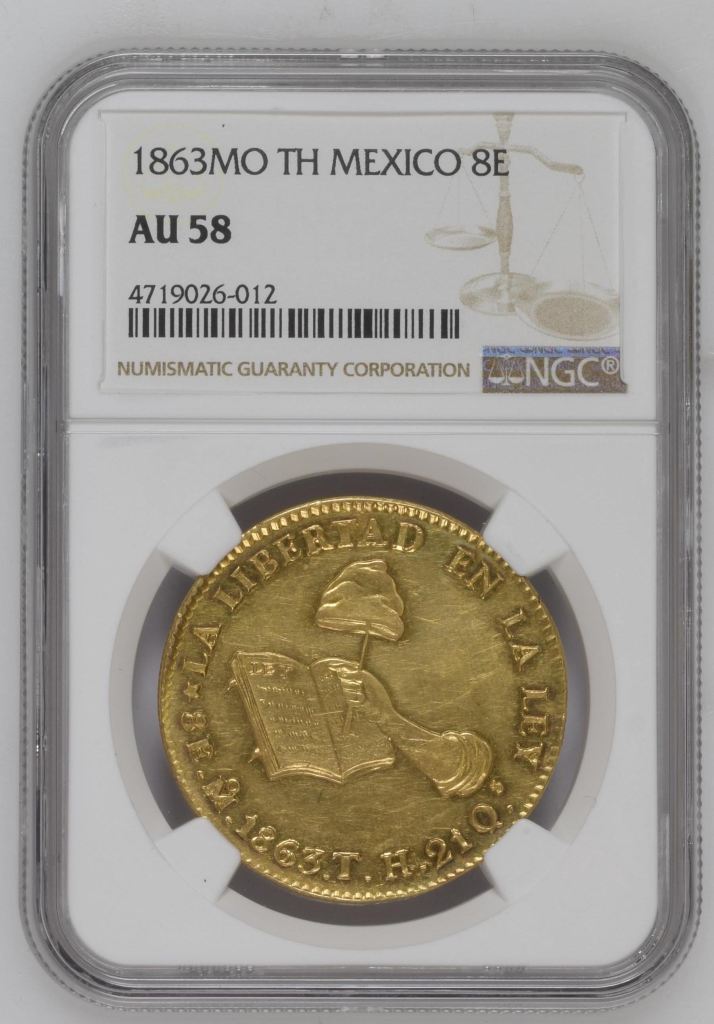 Republic Gold 8 Escudos 1863 Mo TH NGC AU58 0146670