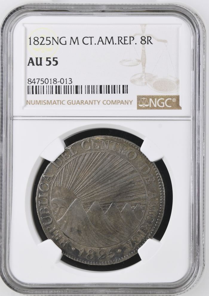 Central American Republic 8 Reales 1825 Ng M NGC AU55 0146686Central American Republic 8 Reales 1825 Ng M NGC AU55 0146686