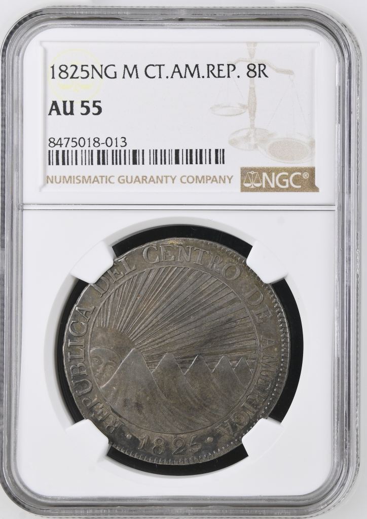 Central American Republic 8 Reales 1825 Ng M NGC AU55 0146686