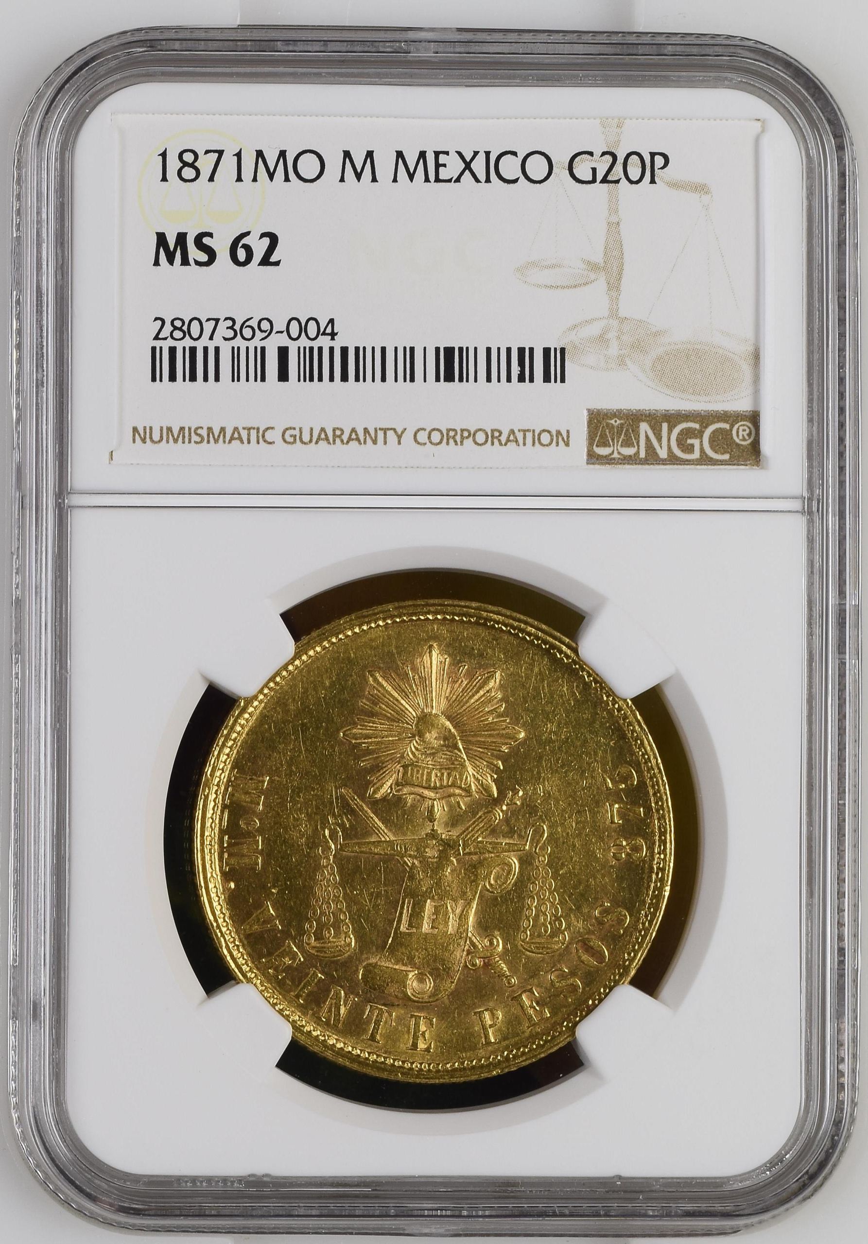 Republic Gold 20 Peso 1871 Mo M NGC MS62 0146715