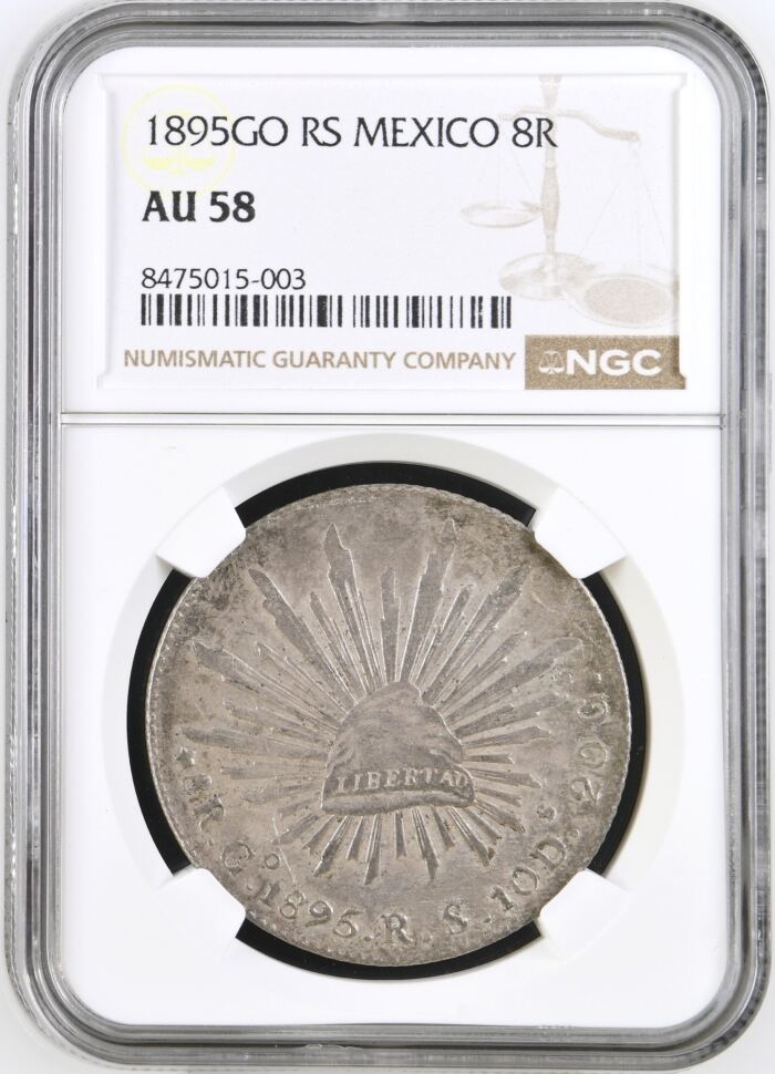 Guanajuato 8 Reales 1895 Go RS NGC AU58 0146723Guanajuato 8 Reales 1895 Go RS NGC AU58 0146723