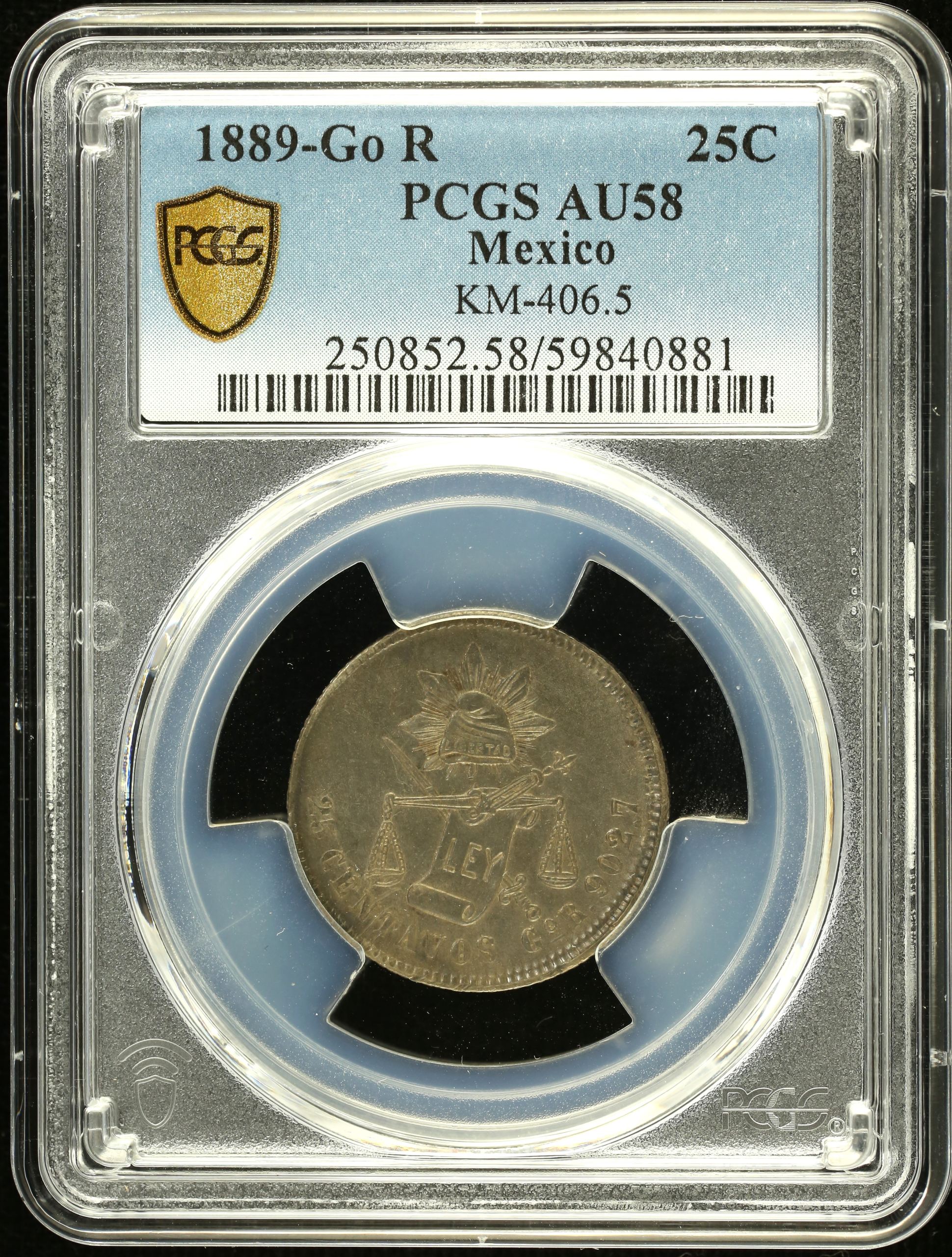 Republic Silver & Minors 25 Centavos 1889 Go R PCGS AU58 KM-406.2 0146729