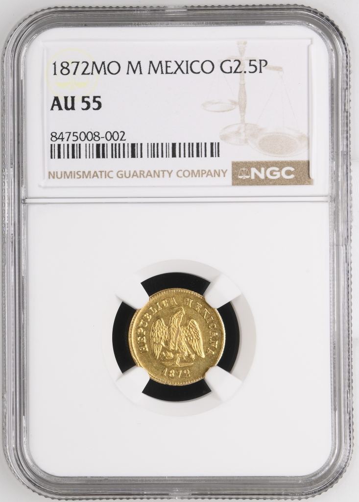 Republic Gold 2 1/2 Peso 1872 Mo M NGC AU55 0146753