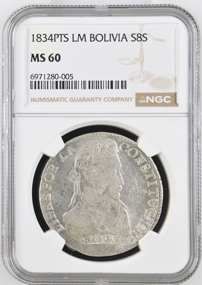 Bolivia 8 Sol 1834 Pts LM NGC MS60 0146856Bolivia 8 Sol 1834 Pts LM NGC MS60 0146856