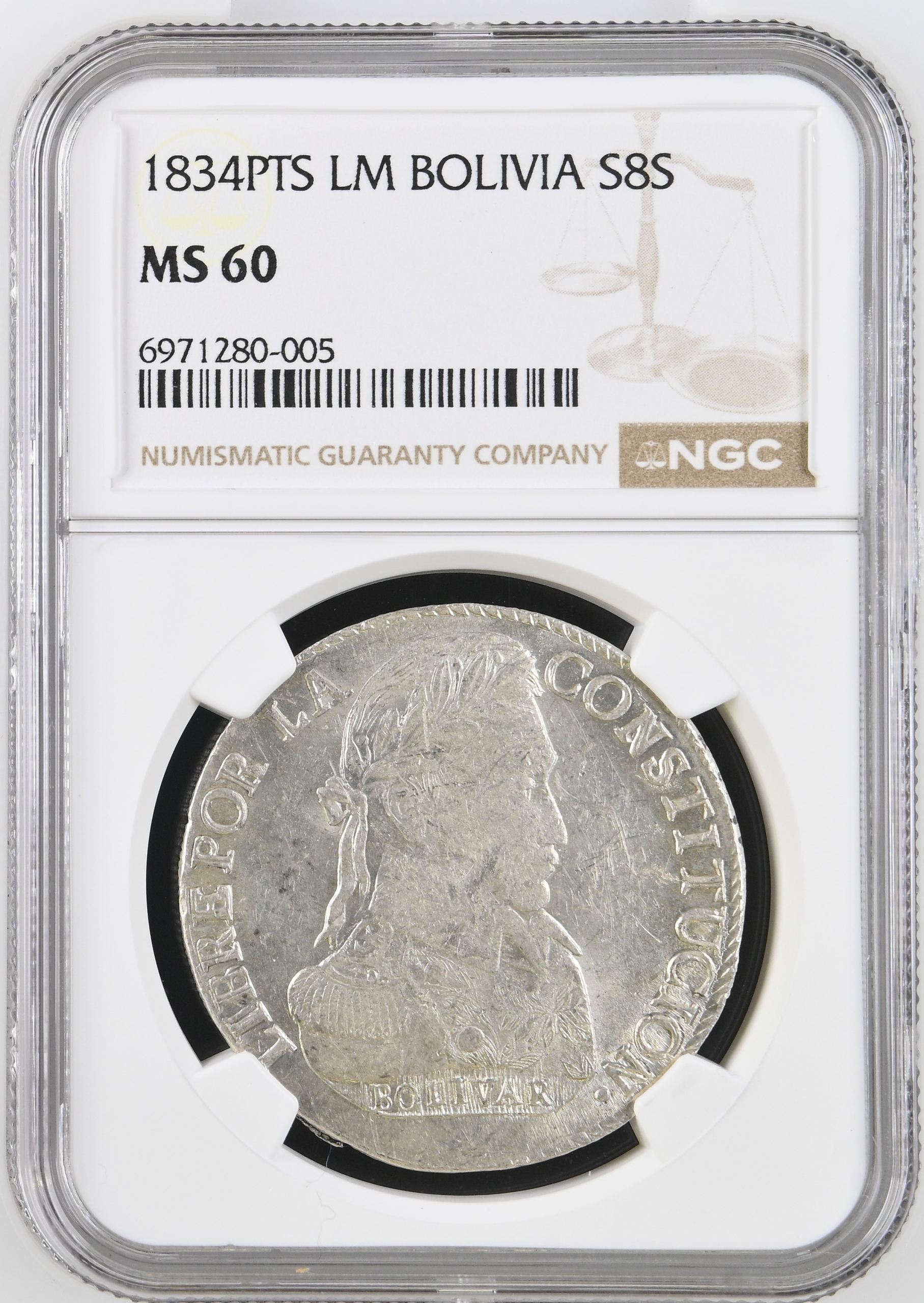 Bolivia 8 Sol 1834 Pts LM NGC MS60 0146856