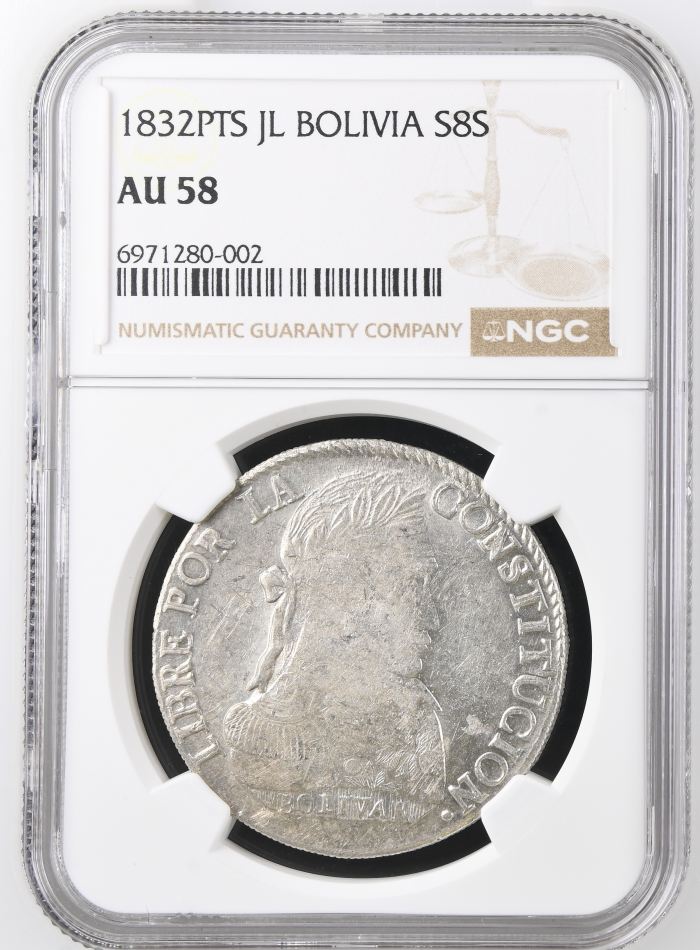 Bolivia 8 Sol 1832 Pts JL NGC AU58 0146858Bolivia 8 Sol 1832 Pts JL NGC AU58 0146858