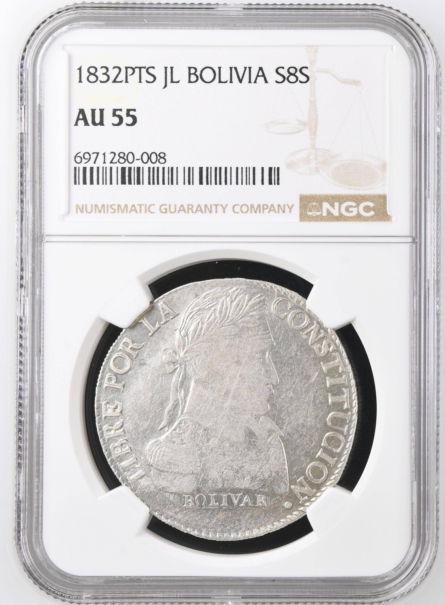 Bolivia 8 Sol 1832 Pts JL NGC AU55 0146864