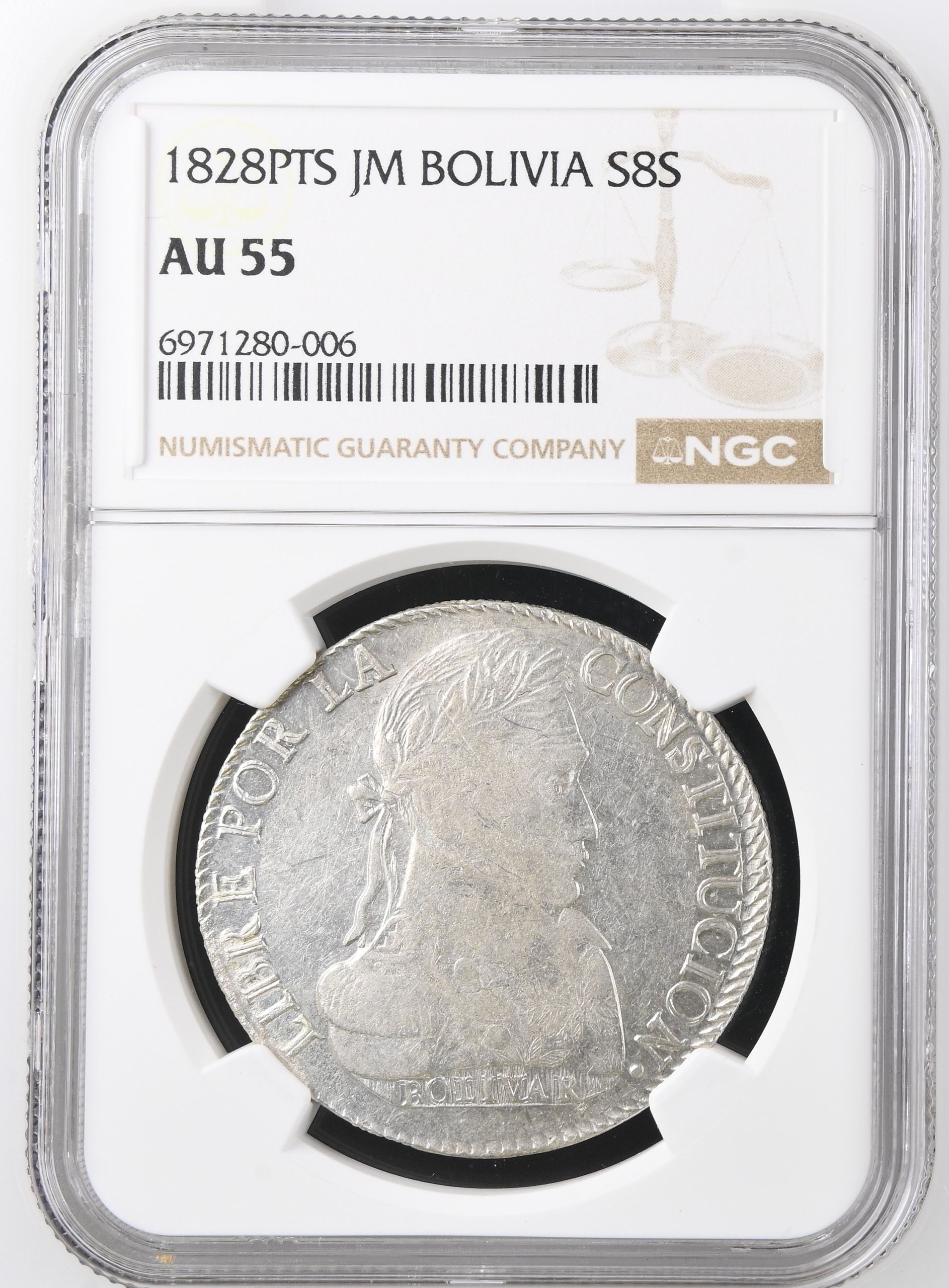 Bolivia 8 Sol 1828 Pts JM NGC AU55 0146865