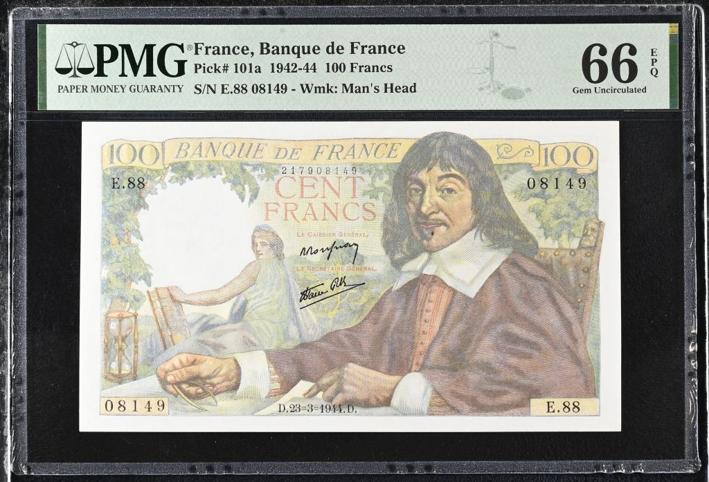 France 100 Francs 1942-44 PMG Gem UNC66 EPQ Pick #101a 0146883