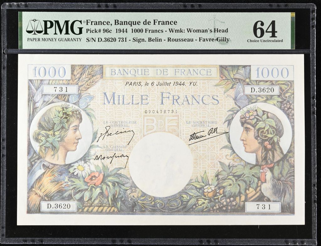 France 1,000 Francs 1944 PMG Ch UNC64 Pick #96c 0146885