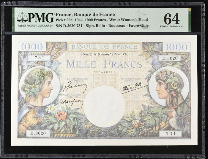 France 1,000 Francs 1944 PMG Ch UNC64 Pick #96c 0146885France 1,000 Francs 1944 PMG Ch UNC64 Pick #96c 0146885