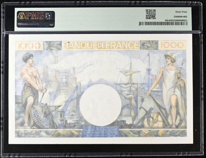 France 1,000 Francs 1944 PMG Ch UNC64 Pick #96c 0146885France 1,000 Francs 1944 PMG Ch UNC64 Pick #96c 0146885 - Image 2