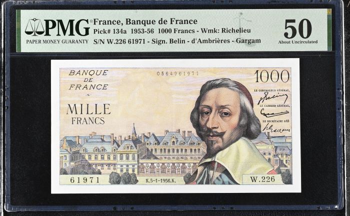 France 1,000 Francs 1953-56 PMG AU50 Pick #134a 0146886France 1,000 Francs 1953-56 PMG AU50 Pick #134a 0146886
