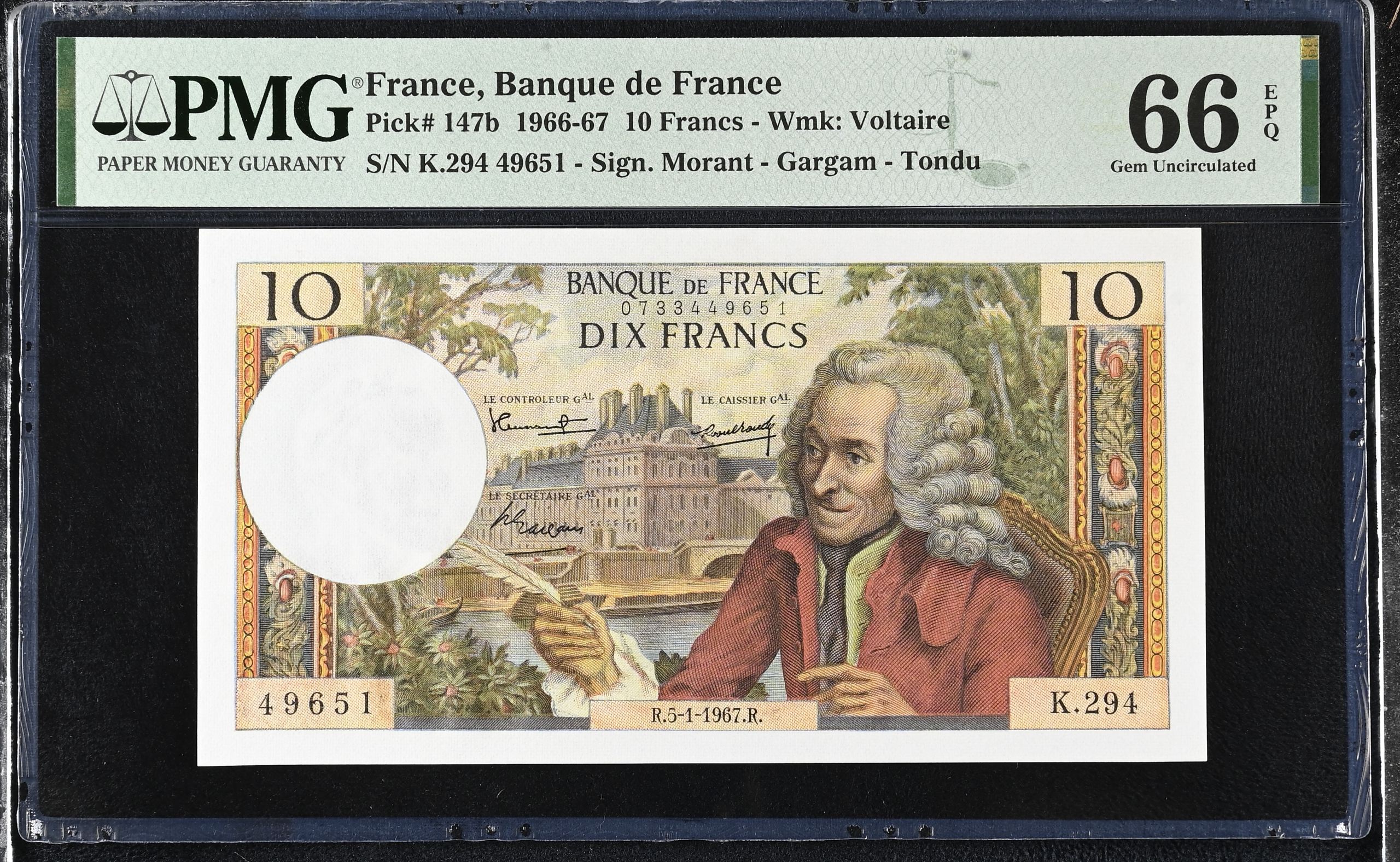 France 10 Francs 1966-67 PMG Gem UNC66 EPQ Pick #147b 0146887