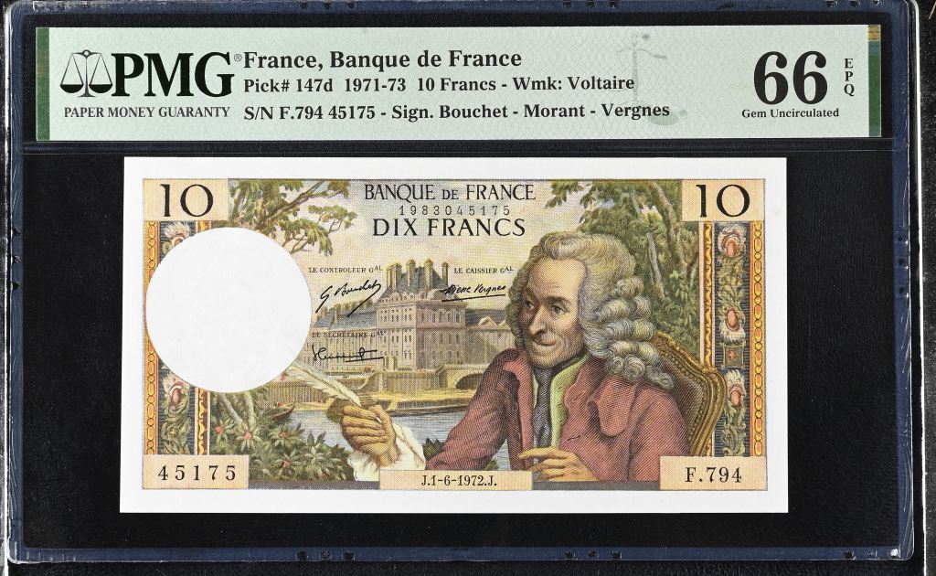 France 10 Francs 1971-73 PMG Gem UNC66 EPQ Pick #147d 0146888